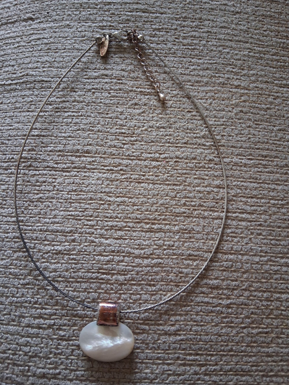 Mother-of-Pearl Pendant Necklace with Silver Wire and Rose Gold Bail